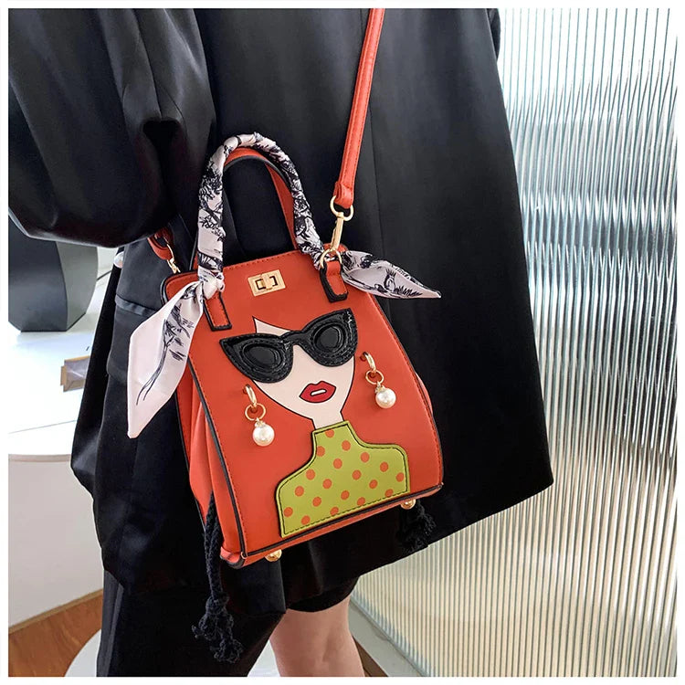 Cartoon Girl Handbag High Quality PU Leather Shoulder Bag for Women Pearl Crossbody Bag Designer Messenger Bag Female Satchel