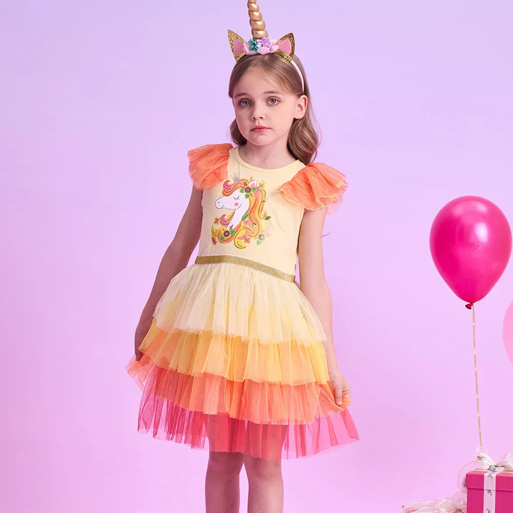 Kids Summer Vestidos Girls Flare Sleeve Mesh Tulle Layered Princess Birthday Party Tutu Dresses Girls Unicorn Print Dress