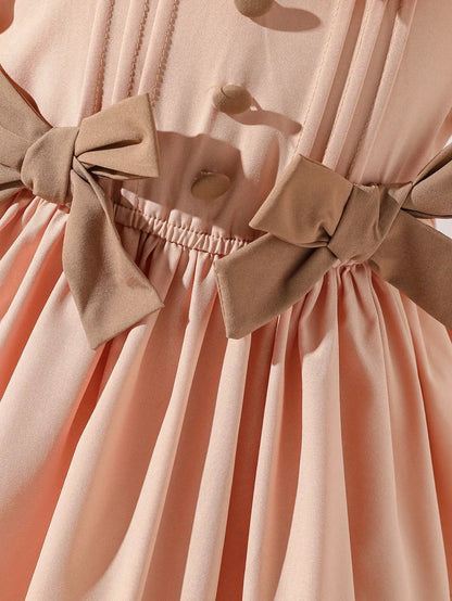 Little Girl's Romantic and Elegant Ladylike Apricot Princess-Style Dress, Decorated with Bows, Stylish Puff Sleeves, Suitable for Birthday Parties, Holiday Events, and Photography. Suitable for Little Girls Aged 4-7, f
