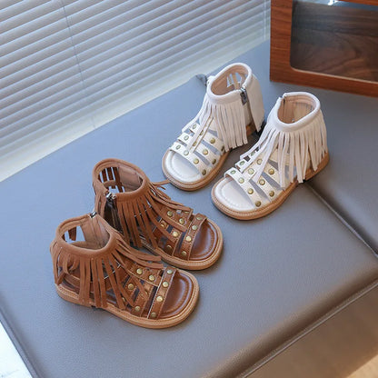 England Style Fashion Tassel Sandals Summer New Side Zipper Rivet High-top Sandals Student Beige Brown Roman Shoes Fringe I05235