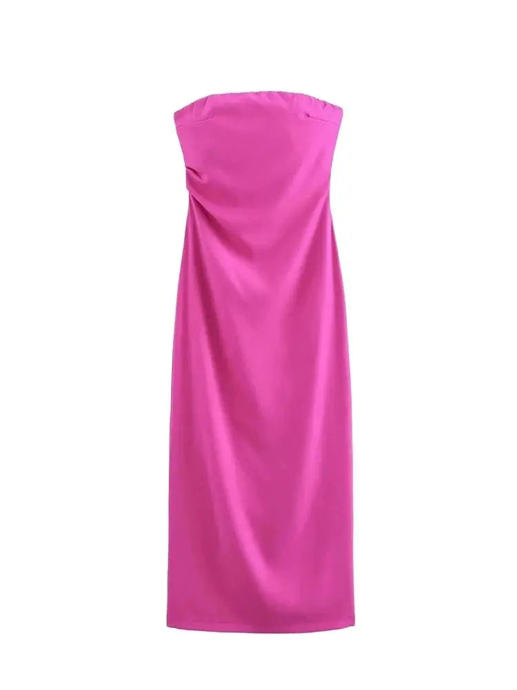 Women Fashion Strapless Gathered Midi Dress Sexy Straight Neck Back Slit Female Dresses Vestidos Mujer
