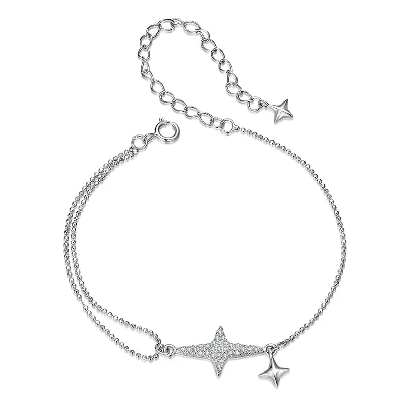 925 Sterling Silver Dainty Starlight White Gold Plated Stackable Bracelet for Women, Adjustable Link Chain CZ Bracelets