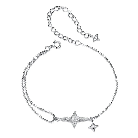 925 Sterling Silver Dainty Starlight White Gold Plated Stackable Bracelet for Women, Adjustable Link Chain CZ Bracelets