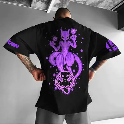 Plus Size T-shirt 2025 Summer Men's Street Trend Animation Mewtwo Printing Casual Versatile Harajuku