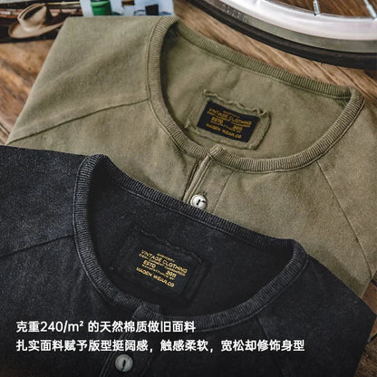 Japanese Vintage Heavyweight Henley T-Shirt Men Distressed Loose Short Sleeve Tops Casual Button Cotton Washed Tee Shirts