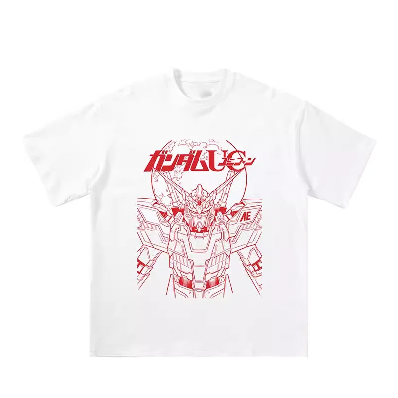Japanese Anime All Cotton T-shirt Mobile Suit Gundam RX78 Design Picture Short Sleeved Hot Selling Loose Casual Couple Top