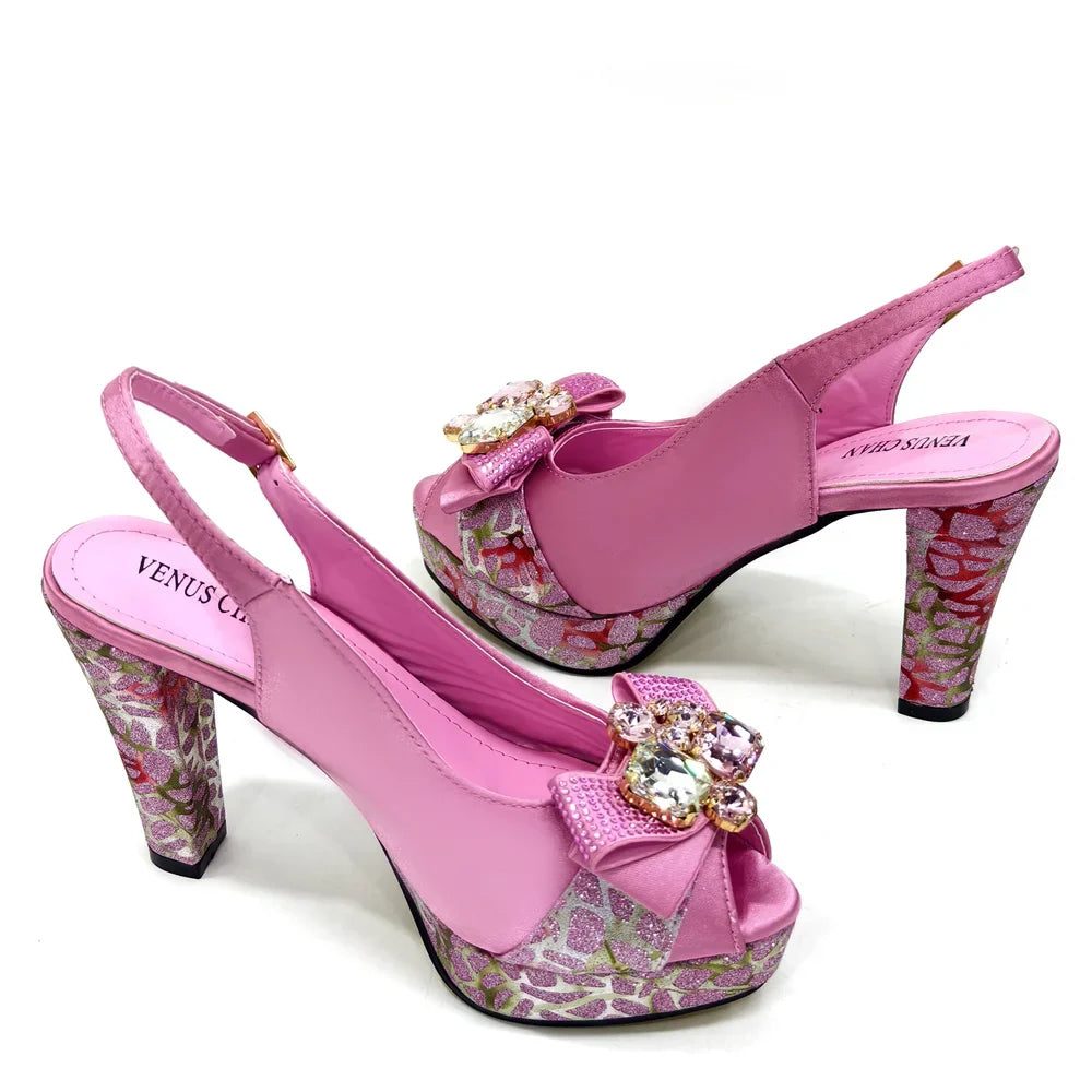 Rhinestone Design INS Hot Sale New Arrivals African Shoes and Bag Set in Blue Color Open Toe Comfortable Women Heels