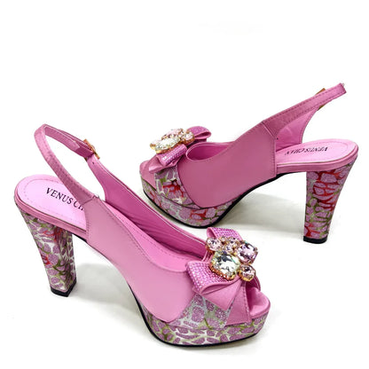 Rhinestone Design INS Hot Sale New Arrivals African Shoes and Bag Set in Blue Color Open Toe Comfortable Women Heels