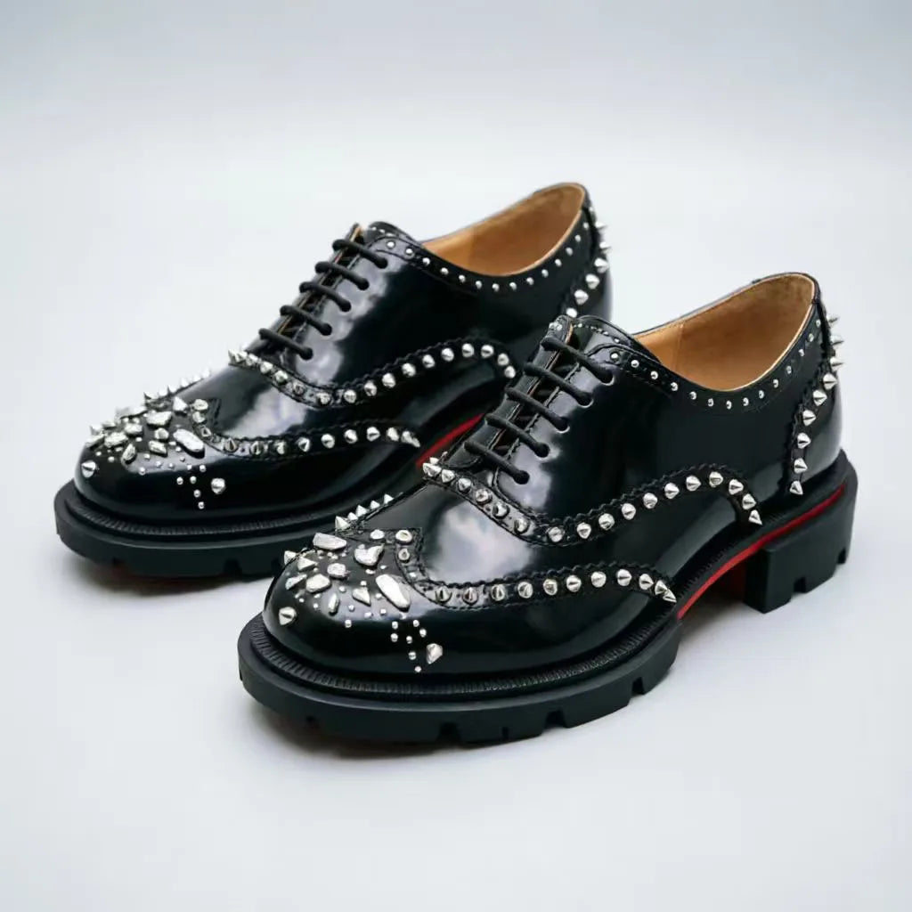 Men's Patent Leather Platform Oxfords Shiny Crystal Rivet Brogue Dress Shoes Luxury Lace-up Formal Business Wedding Party Male F