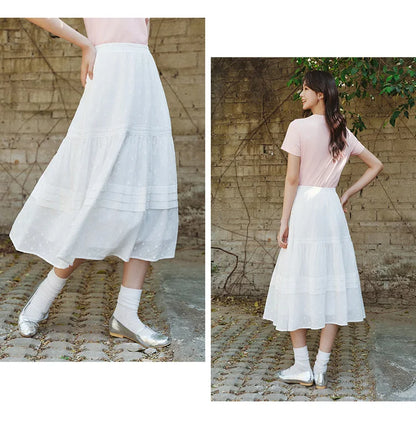 Skirt Women Elastic Waist A-Line Elegant 2025 New Summer Patchwork Lace Polka Dot Long Skirt Graceful for Daily Wear