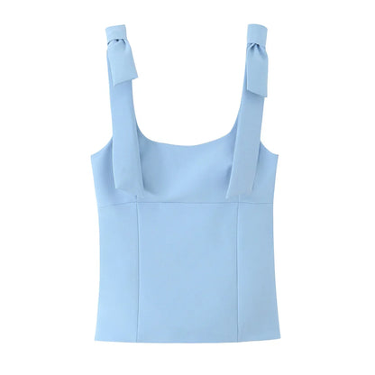 Sexy Chic Yellow Bow Tops Women Zipper Tie Up Slim Short Cami Tops Women Fashion 2025 Summer Elegant Y2K Girl Blouses