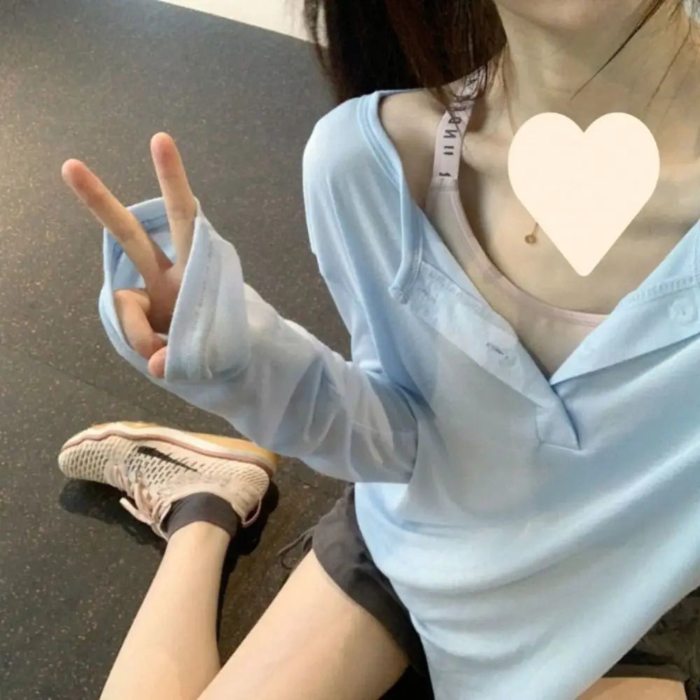Korean Fashion Y2k Tank Top Long Sleeve V Collar Crop Top Button Sun Protection Frock Lady