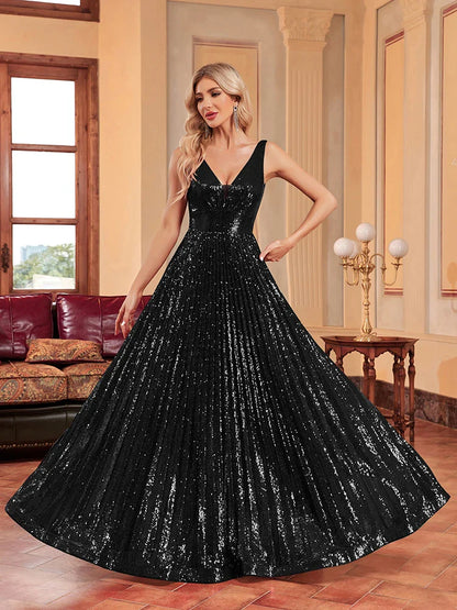 Luxury V-Neck Black Sleeveless Formal Evening Dresses Women Sequins Wedding Party Prom Maxi Cocktail Dresses Vestidos