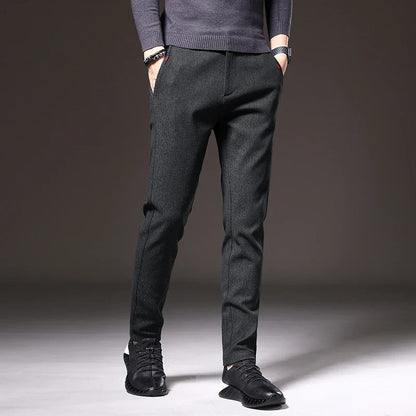 Autumn Winter Thick Men's Casual Pants Brushed Fabric Straight Slim Business Fashion Trousers Stretch Korean Male Clothing