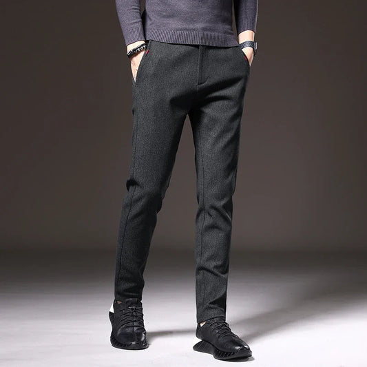 Autumn Winter Thick Men's Casual Pants Brushed Fabric Straight Slim Business Fashion Trousers Stretch Korean Male Clothing
