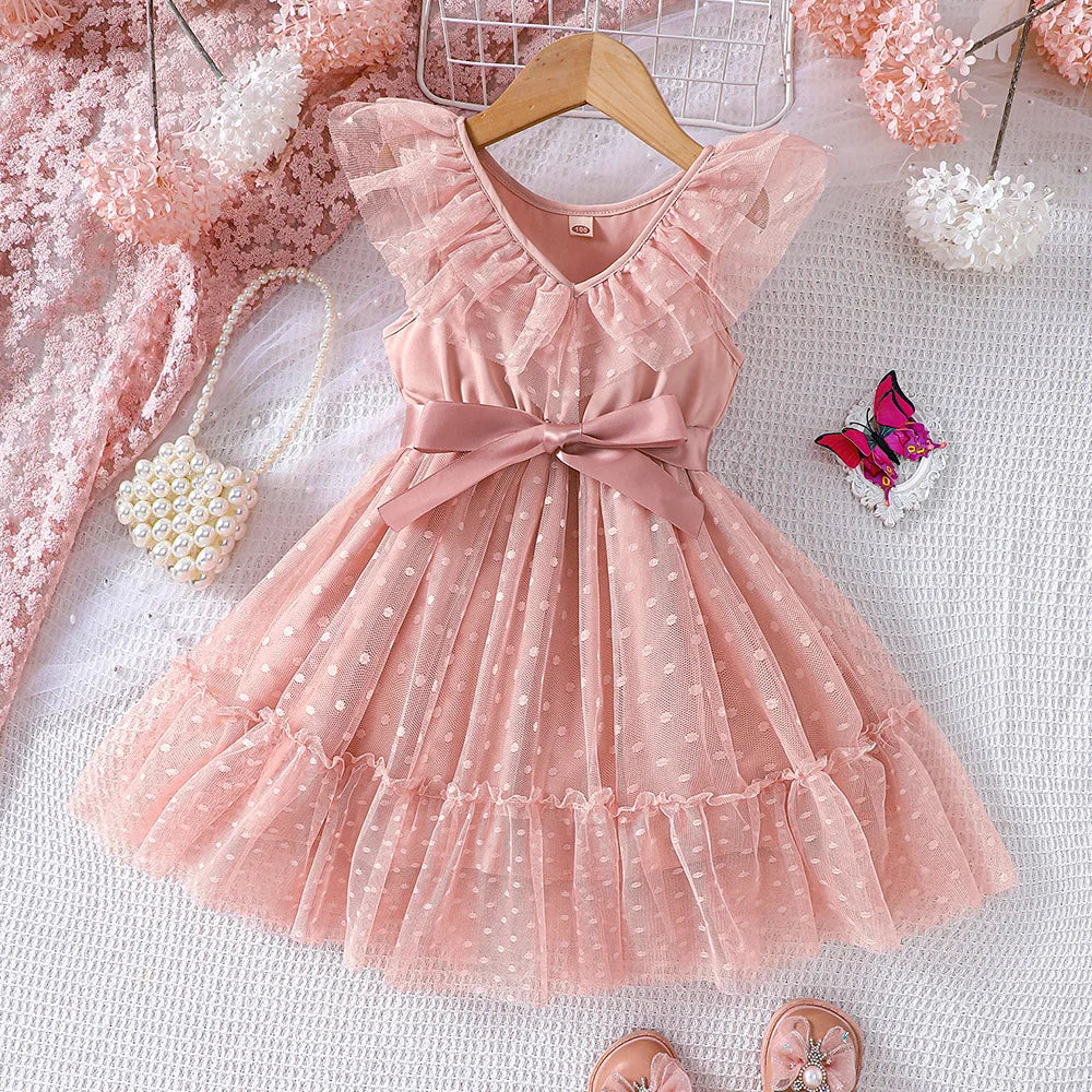 Toddler Girls' Pink Polka Dot Mesh Dress - Flutter Sleeves, Big Bow Waist, Sweet Spring & Summer Princess Dress