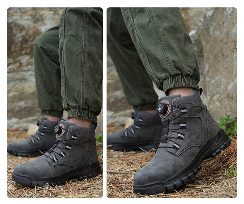 Leather Non Slip Work Boots for Men Rotating Button Safety Shoes Steel Toe Sneaker Male Puncture Proof Protective Boots