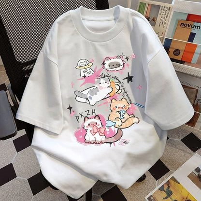 Summer Cute Cat Round Neck Short-sleeved T-shirt Versatile Couple Loose Tops Casual Printed T-shirt Graphic T Shirts Harajuku