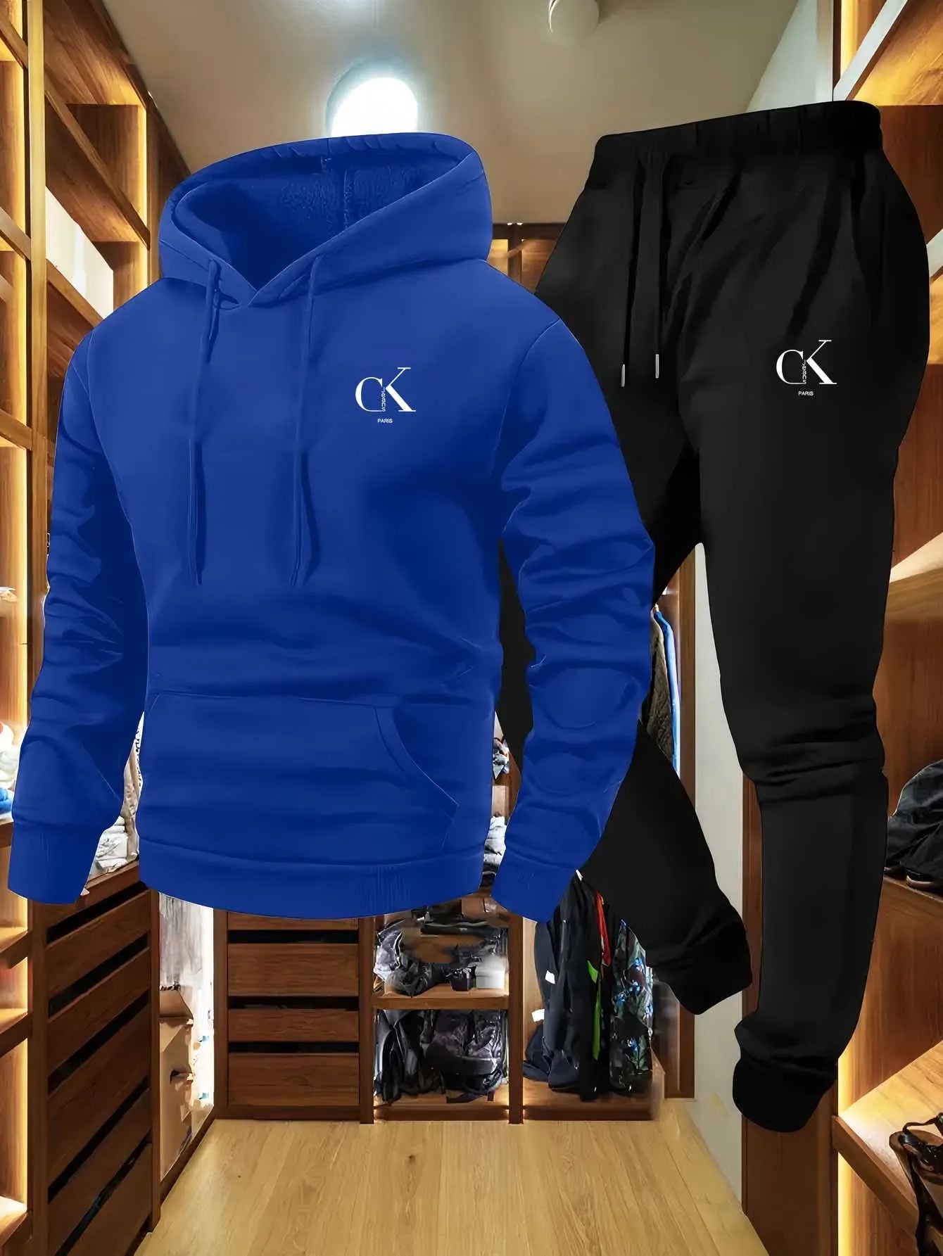 The 2025 men's printed hooded sweater and sports pants set with a casual grey pocket home wear is suitable for spring and autumn