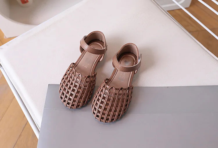 2026 Novel Roman Sandals for Little Girls Side Butterfly-knot Princess Weave Sandals Soft Breathable Hollow Shoes Child Girl