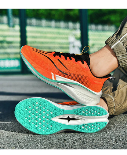 Sapatos de corrida esportivos casuais masculinos e femininos de moda com superfície de malha respirável, suporte de placa de carbono e sola de borracha resistente ao desgaste