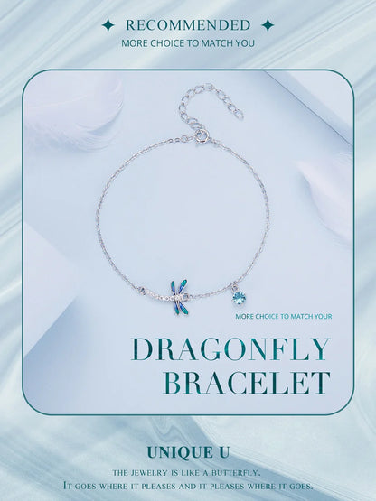 925 Sterling Silver Green and Blue Enamel Dragonfly Bracelet Insect Chain Link for Women Pave Setting CZ Fine Jewelry