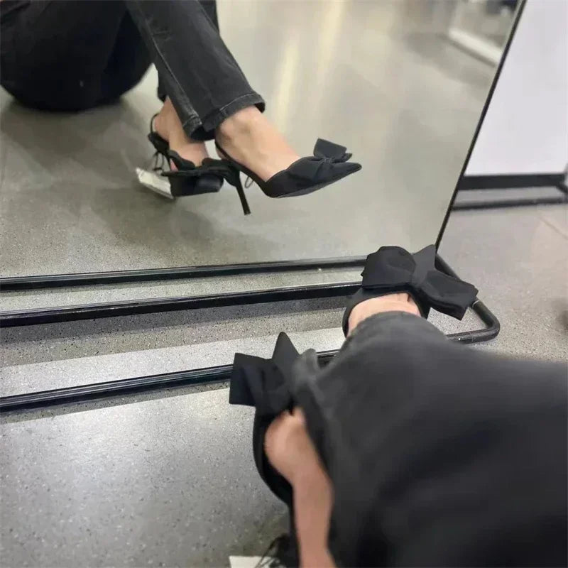 Luxury Silver High Heeled Sandals Women Sexy Pointed Toe Back Strap Thin Heels for Women Elegant Bow Design Banquet Dress Shoes
