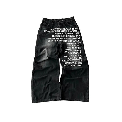 Calça Jeans Streetwear Retrô Hip-Hop Masculina Casual Perna Larga Estampada Solta
