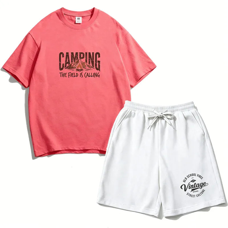 Boys 2PCS Cotton Outfit Set Mountain Print Short Sleeve Tee + Elastic Waist Shorts Camping Summer Set LH21