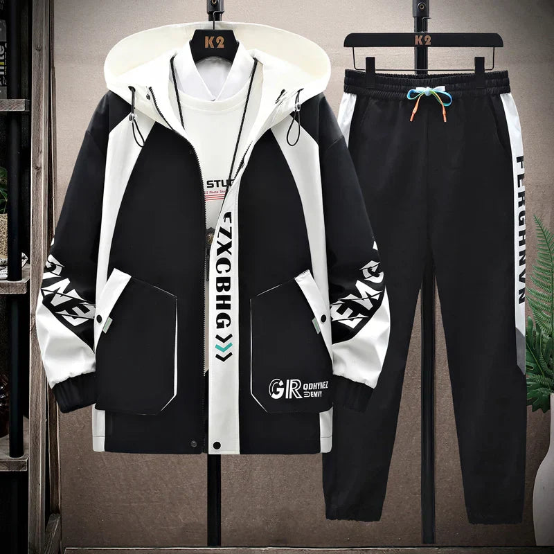 Spring Autumn Casual Men Sets Jacket + Pants Two Pieces Fashion Korean Trend Hooded Baseball Uniform Suit Man Outfit