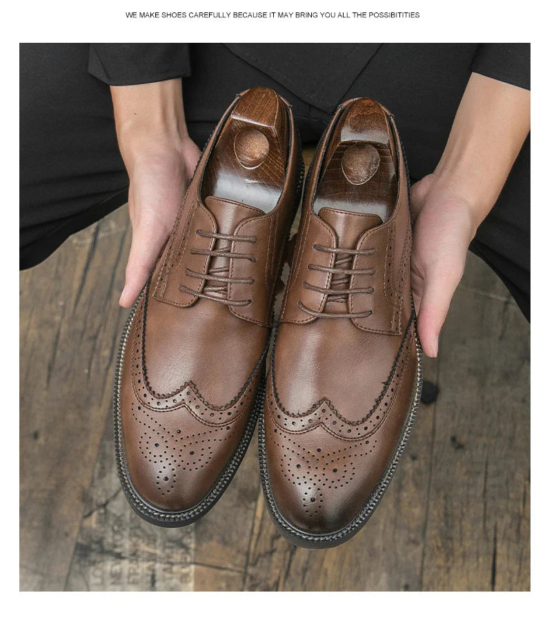Retro leather shoes - men's brook engraved lace-up British business formal soft-soled fashionable casual trendy shoes
