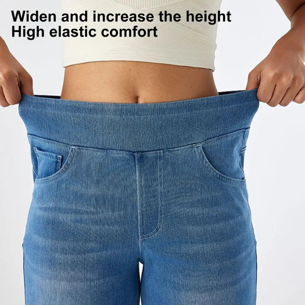 Wide Leg Jeans Solid Color Elastic High Waist Lady Pants