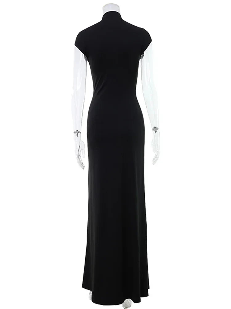 Short Sleeve O Neck Women Dresses Split Metal Buckle Solid Sheath Sexy Club Fashion Evening Party Outfits Female Bodycon