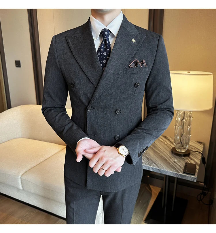 (Jackets+Pants) Luxury Double Breasted Design Slim Fit Suit High Quality Fashion Men's Wedding Social Suit Tuxedo 2 Piece Set