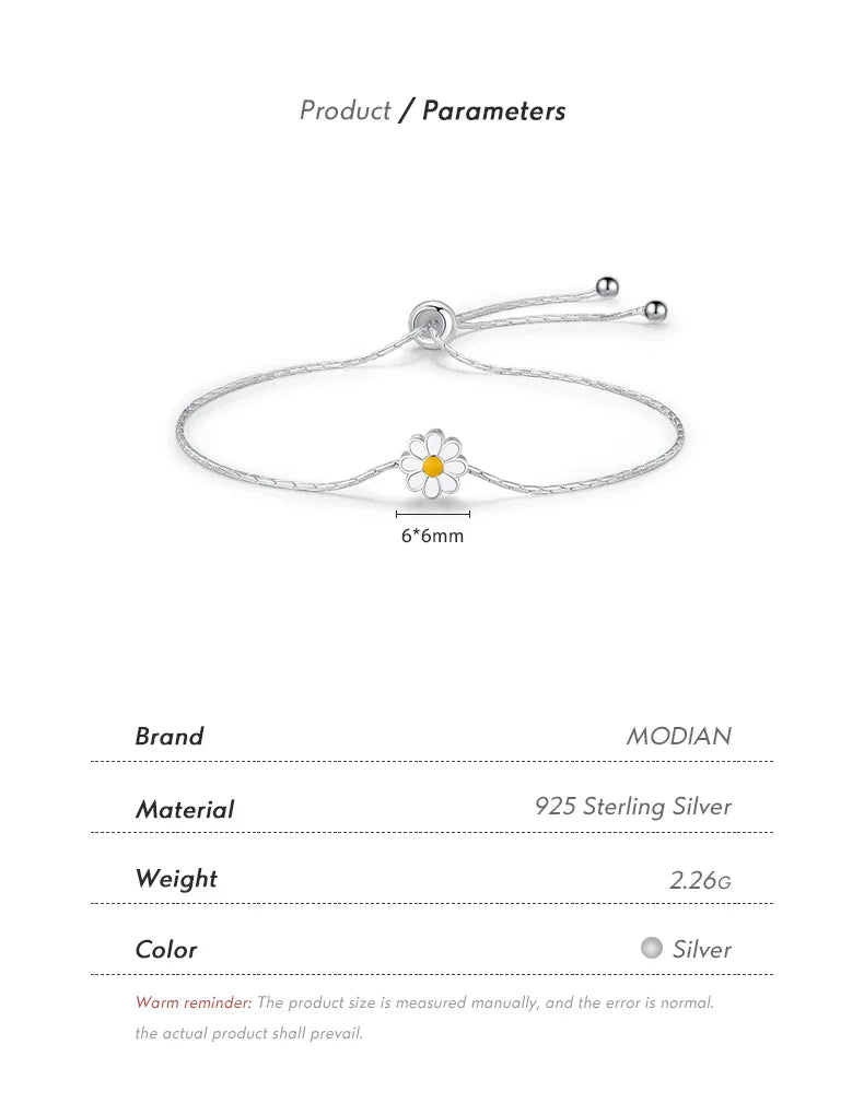 925 Sterling Silver Exquisite Enamel Daisy Flowers Bracelet Trendy Adjustable Snake Chain For Women Valentine’s Day Gifts