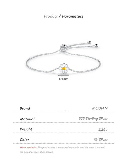 925 Sterling Silver Exquisite Enamel Daisy Flowers Bracelet Trendy Adjustable Snake Chain For Women Valentine’s Day Gifts