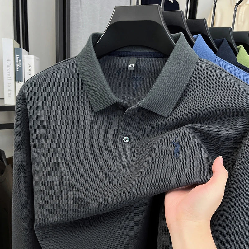 2025 New Cotton Long Sleeved T-shirt for Men, High End Embroidered Little Horse Logo Fashion Autumn/Winter Polo Top