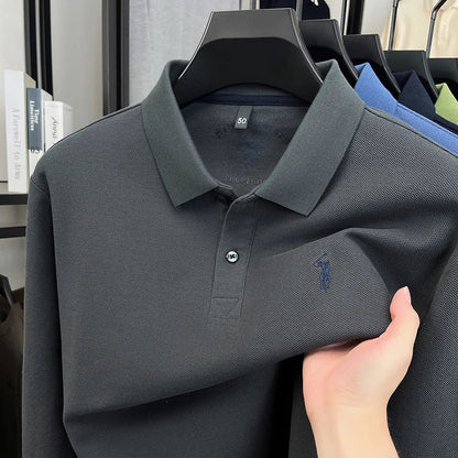 2025 New Cotton Long Sleeved T-shirt for Men, High End Embroidered Little Horse Logo Fashion Autumn/Winter Polo Top