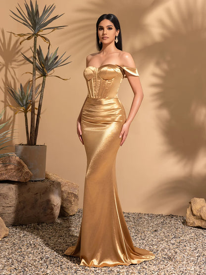 Vestido Elegante de Festa de Casamento com Ombro a Ombro, Plissado, Cintura Alta e Fenda