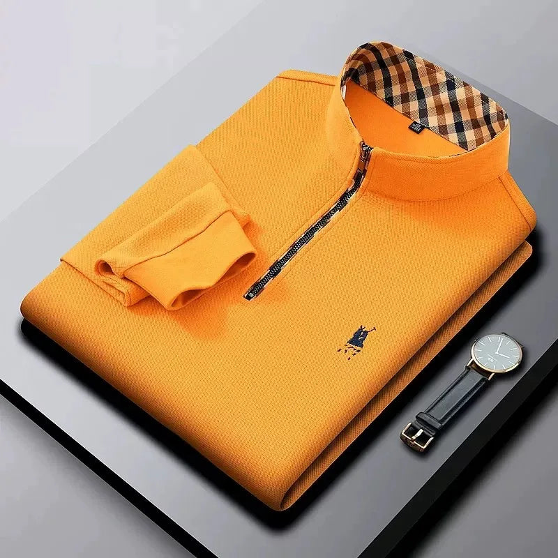 Luxury new Half Zipper Long Sleeve T-shirt 100% Cotton Brand Embroidered Stand Collar Men's Clothing Autumn Casual polo shirt
