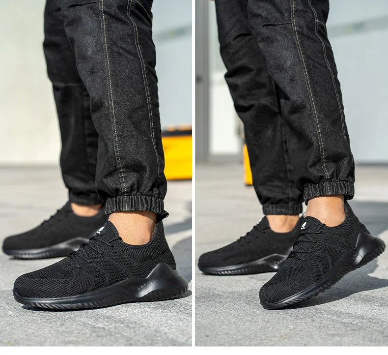 Men‘s Safety Shoes with Steel Toe Puncture Proof Anti-smash Work Sneakers Lightweight Breathable Black Sneakers for Construction
