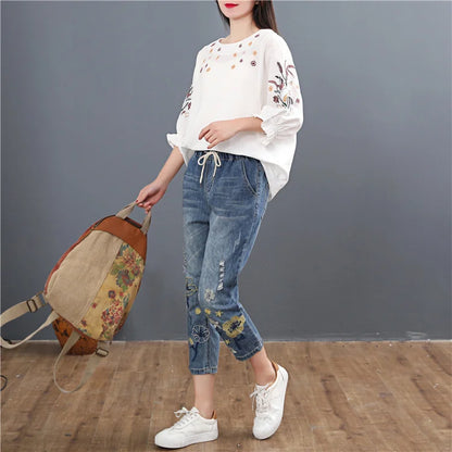 Summer Fashion Ladies Vintage Embroidery Jeans Women Casual Floral Denim Trousers Ripped Harem Pantalons
