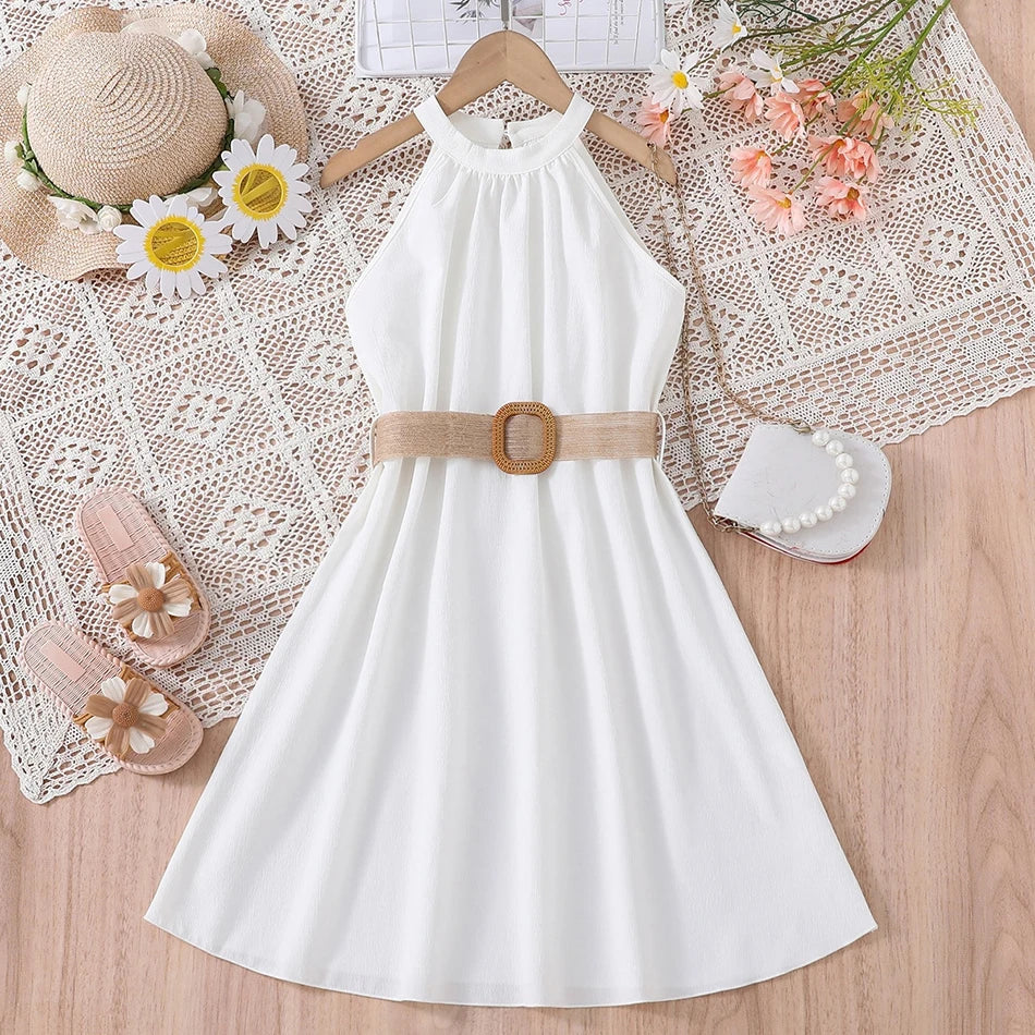 Elegant Summer Princess Dress for Teen Girls with Halter Neck and Off-Shoulder Children Sleeveless Casual Clothes with Belt