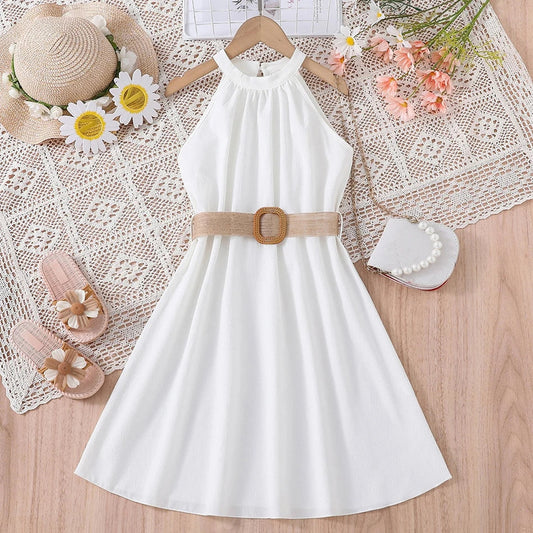 Elegant Summer Princess Dress for Teen Girls with Halter Neck and Off-Shoulder Children Sleeveless Casual Clothes with Belt