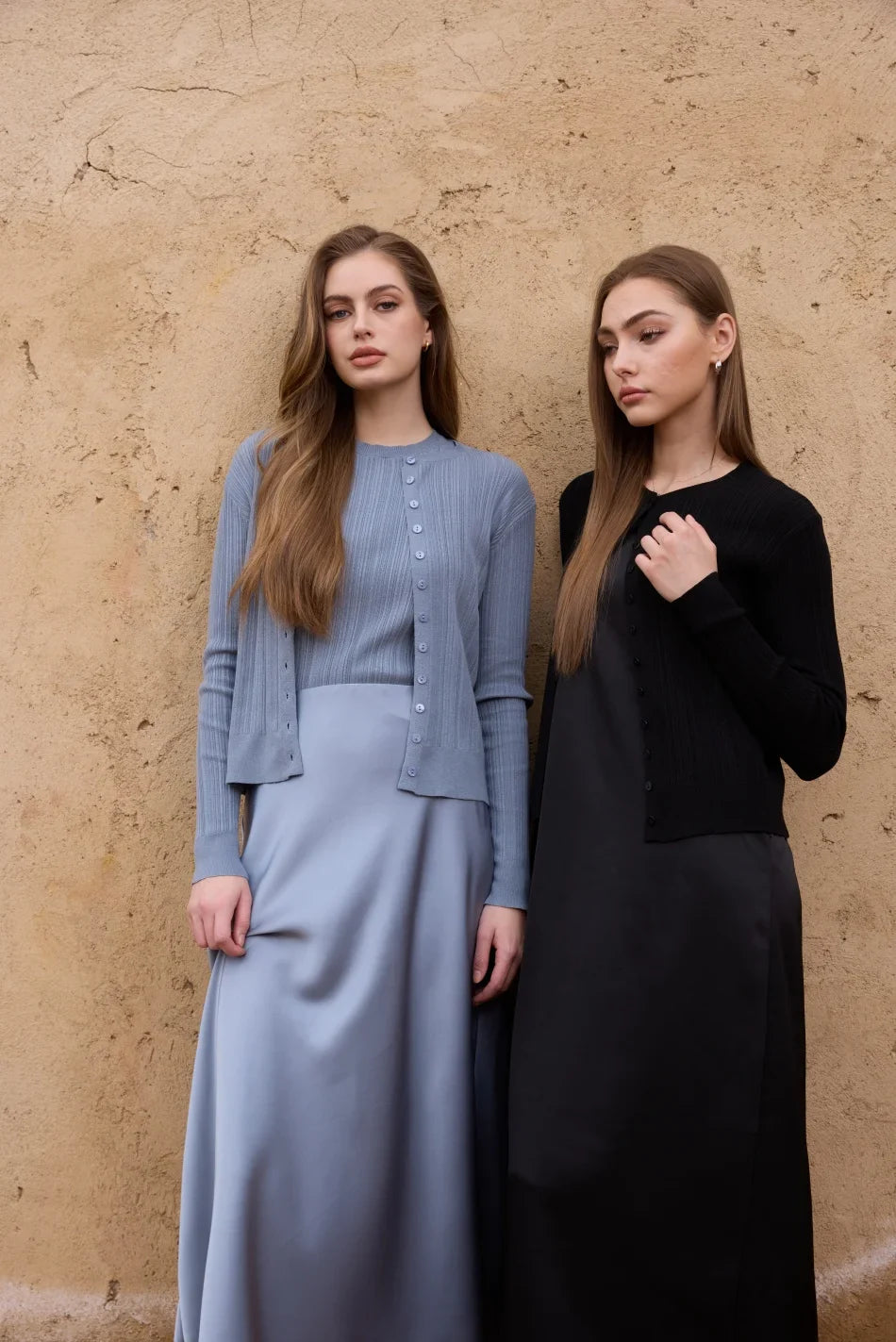 Lace slip satin dress + lace satin skirt +knitting vest + knitting cardigan collection woman dressy outfit