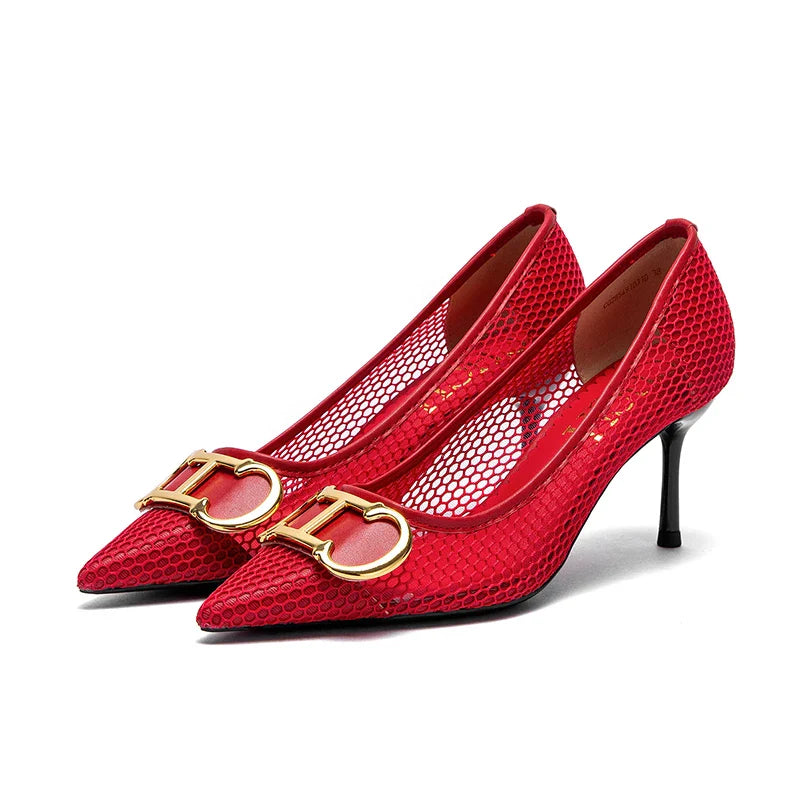 Women's High Heels 2025 Spring New Hollow Business Women's Shoes 7cm Red Evening Shoes