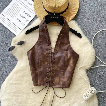 New Sexy Crop Top Inside Women Black PU Leather Rope Strap Hollow Out Punk Style Tank Tops Vest Fashion Backless Club Party Wear