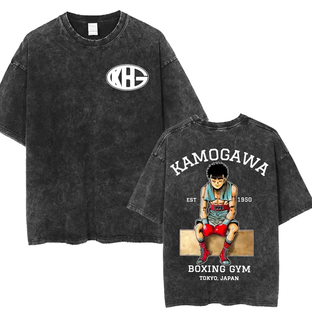 Anime Hajime No Ippo Washed Vintage T-shirt Kamogawa Boxing Gym Harajuku T-shirts Makunouchi Takamura KGB Loose Cotton T Shirt