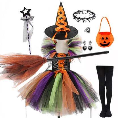2 Pieces Witch Tutu Dress with Hat Girls All Saint's Day Bruja Wizard Costume Role Play Toddler Halloween Party Fairy Witch Gown