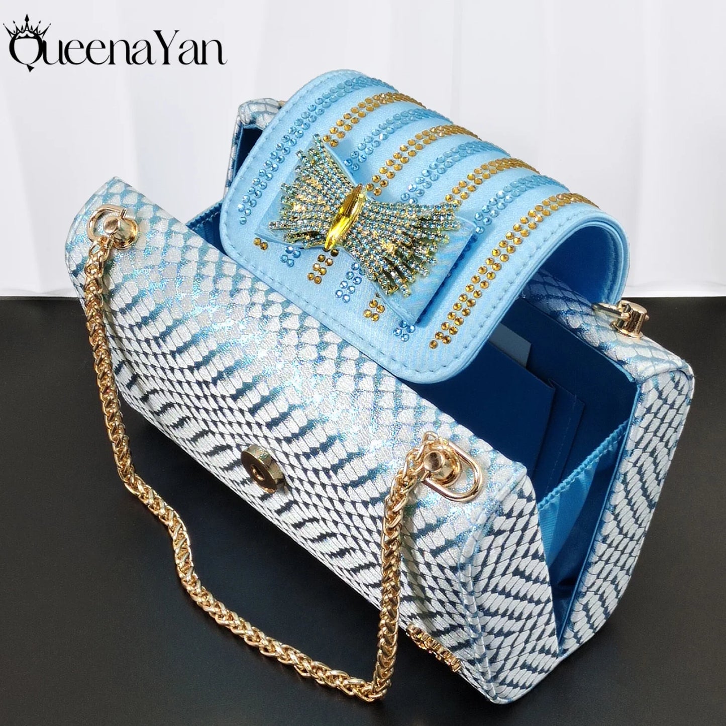 Sky Blue Color Party Peep Toe High Heels and Handbag  Set With Striped and Rhinestone Decoration Design